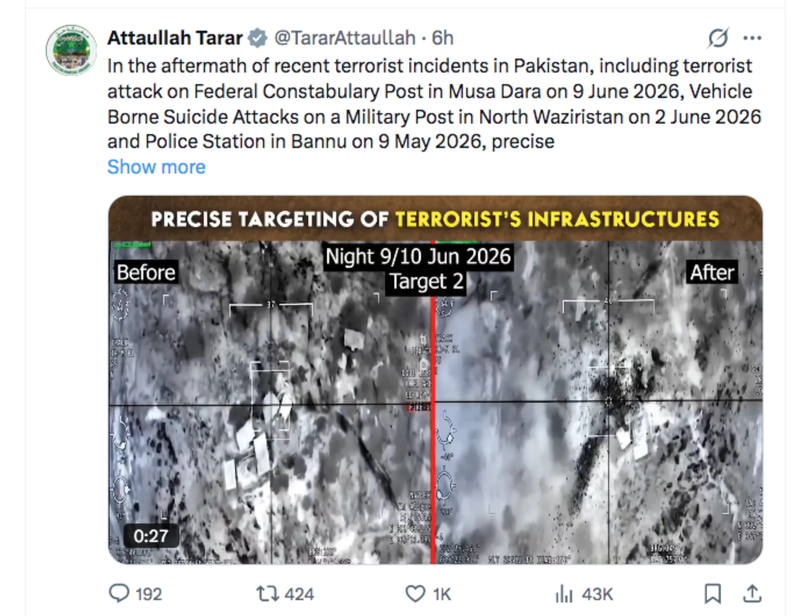 Pakistan kills 26 terrorists in precise strikes along Afghan border: Minister