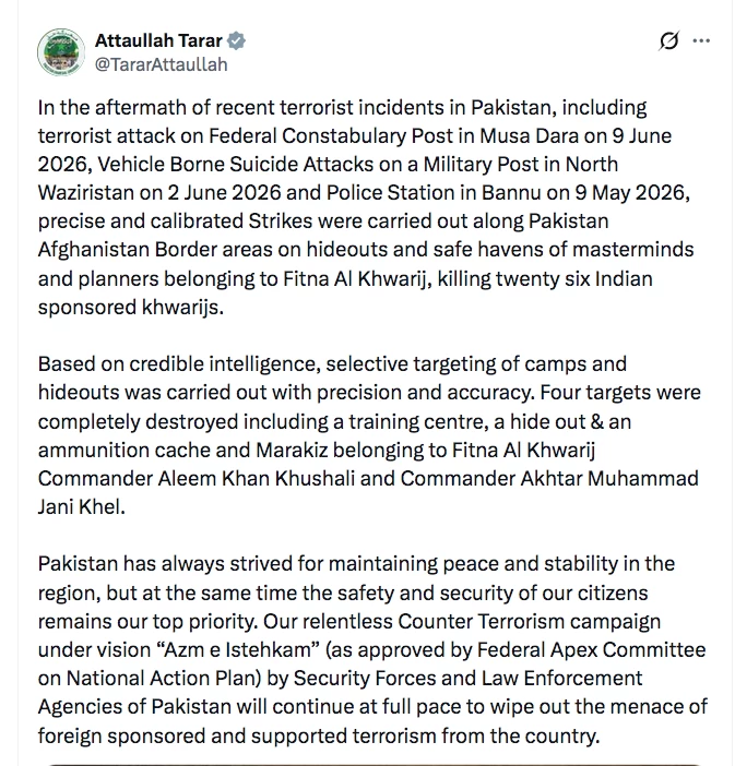 Pakistan kills 26 terrorists in precise strikes along Afghan border: Minister