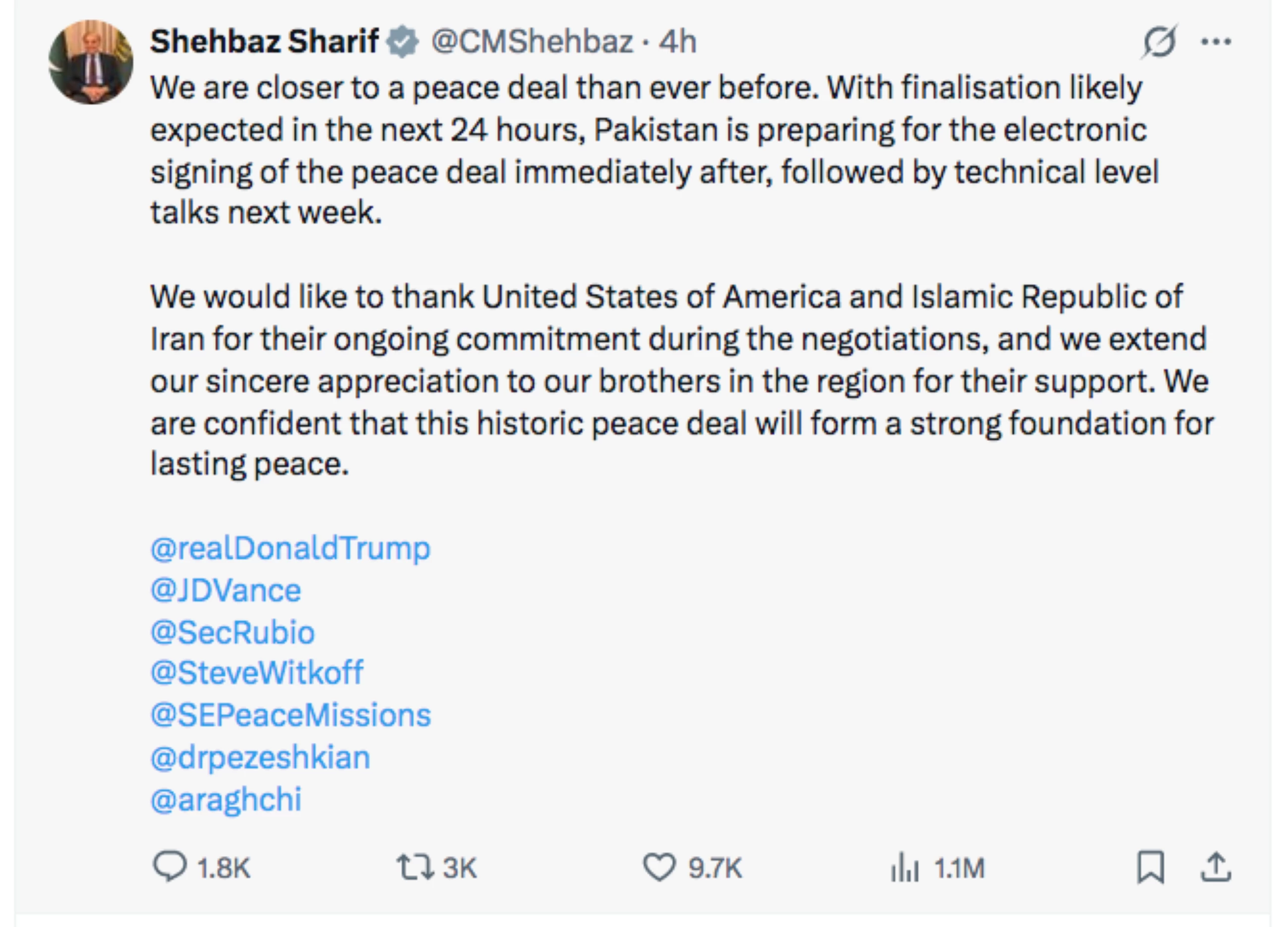 Pakistan PM says US and Iran expected to sign initial deal within 24 hours