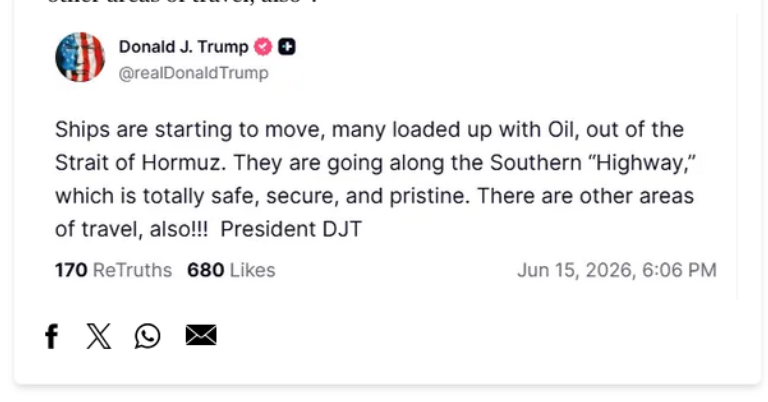 Trump says ships carrying oil are moving out of Strait of Hormuz
