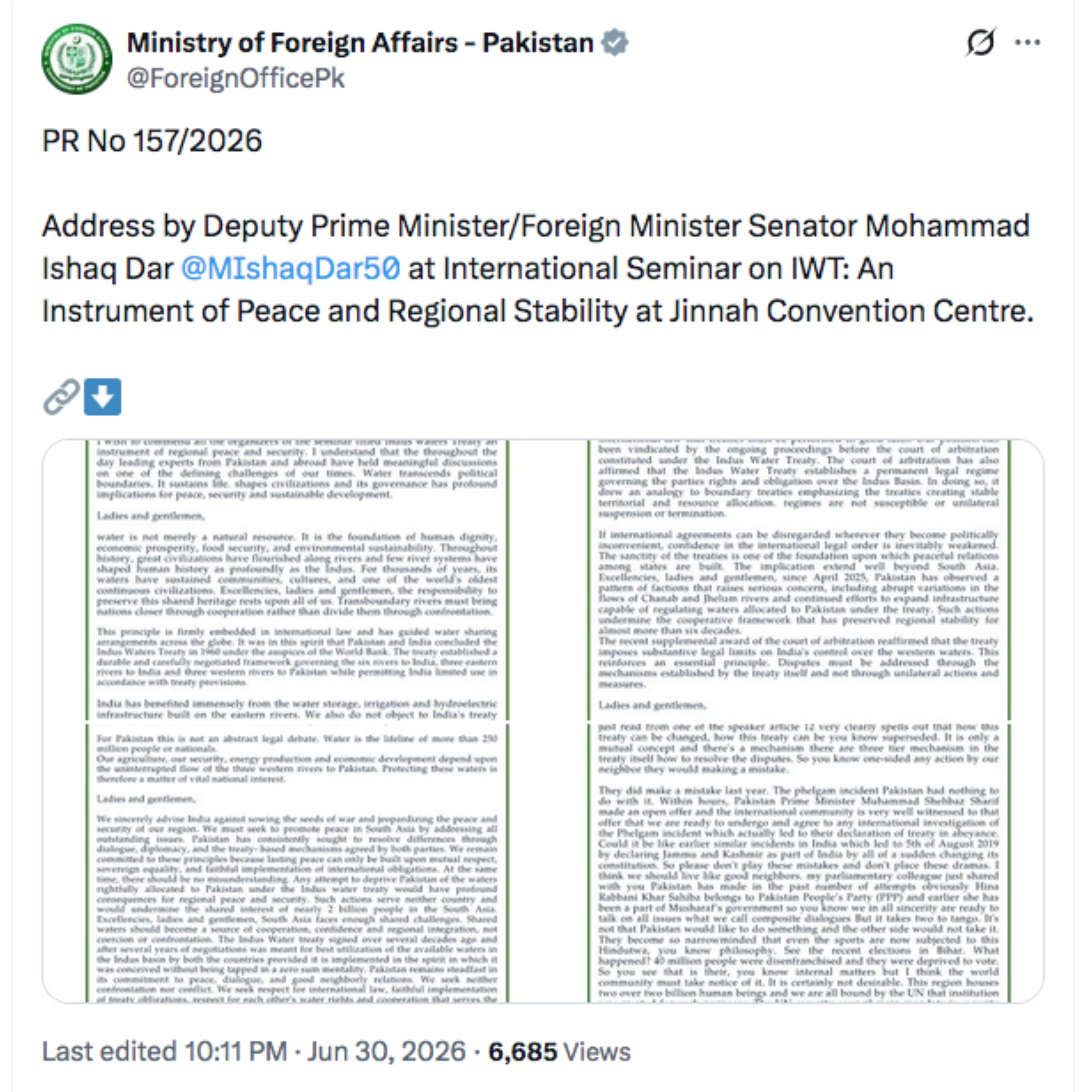 Water should never be used as political tool, says Pakistan's foreign minister