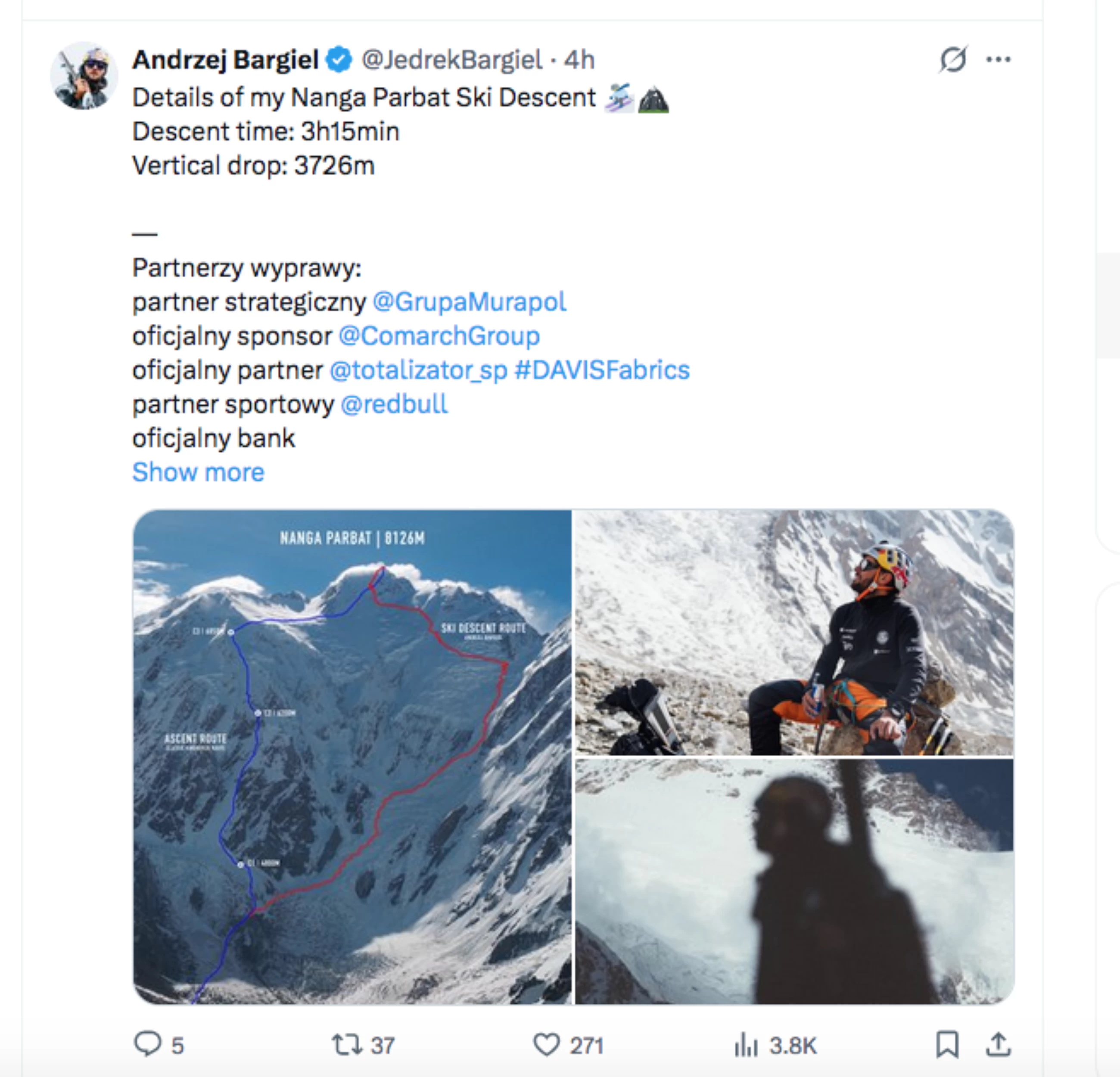 Polish climber makes history by skiing Pakistan's Nanga Parbat without oxygen