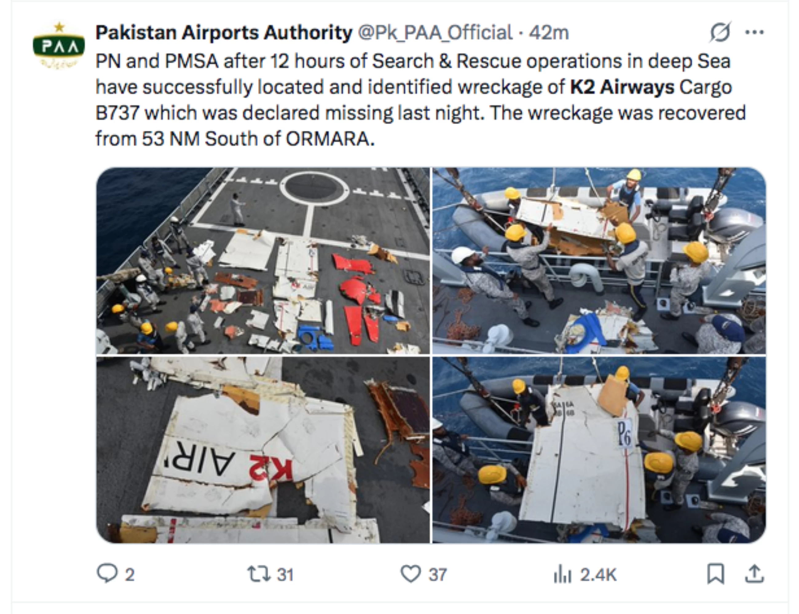 Wreckage of K2 Airways cargo plane found off Pakistan's coast as search continues for 5 missing crew