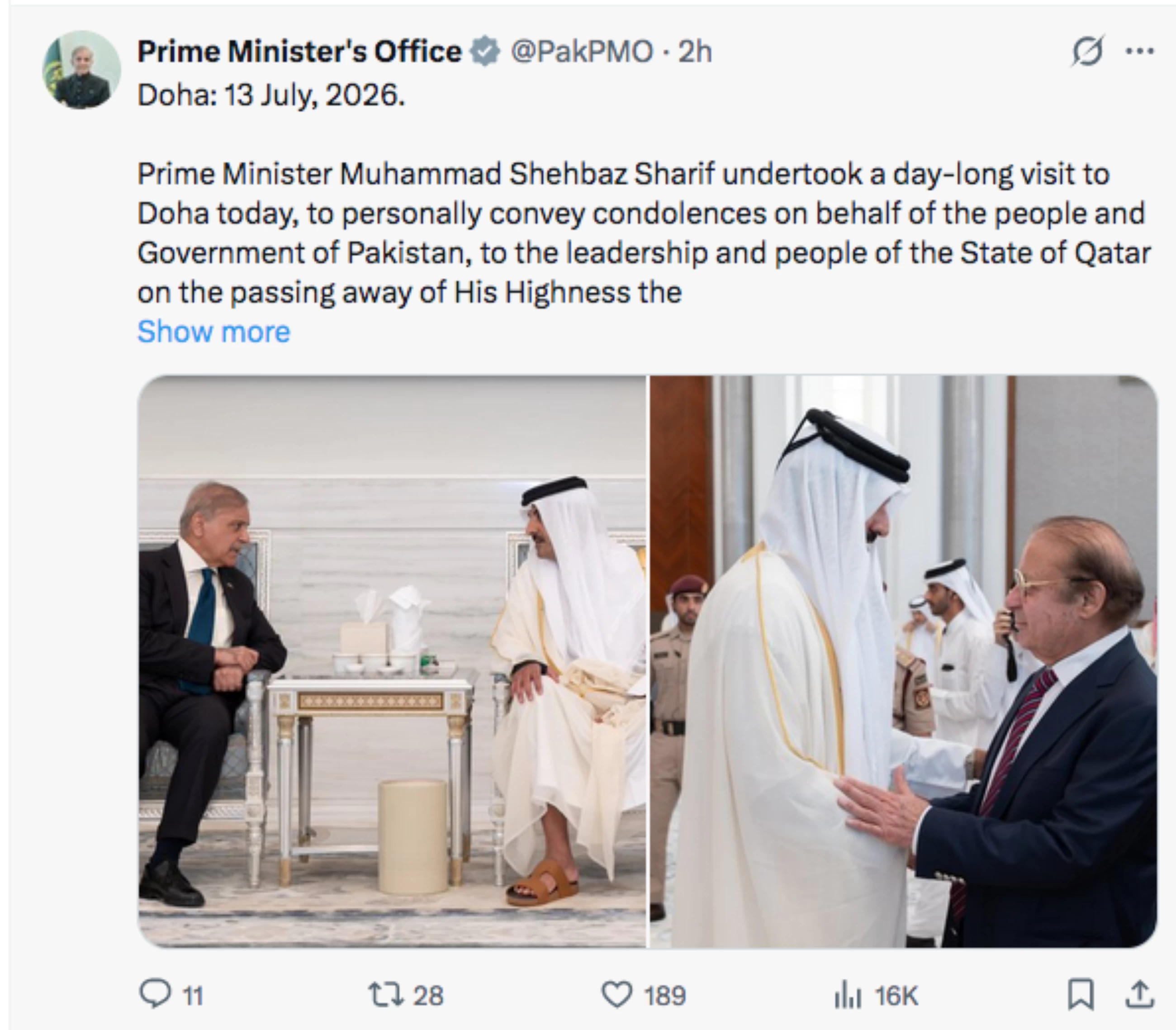Pakistan's PM Shahbaz meets Qatar's Emir Sheikh Tamim, offers condolences on his father's death
