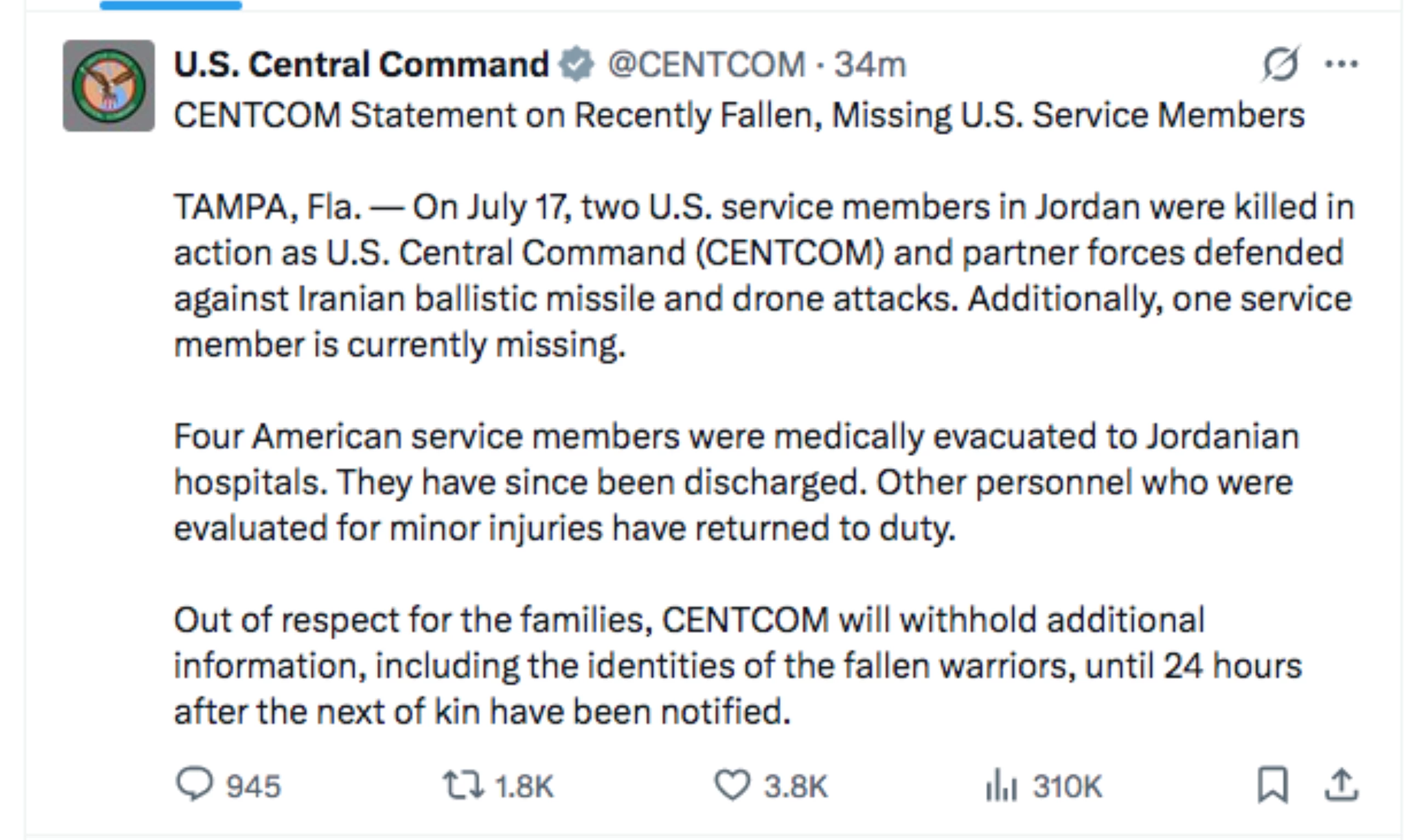 Two US service members killed after Iran strikes on Jordan: Pentagon