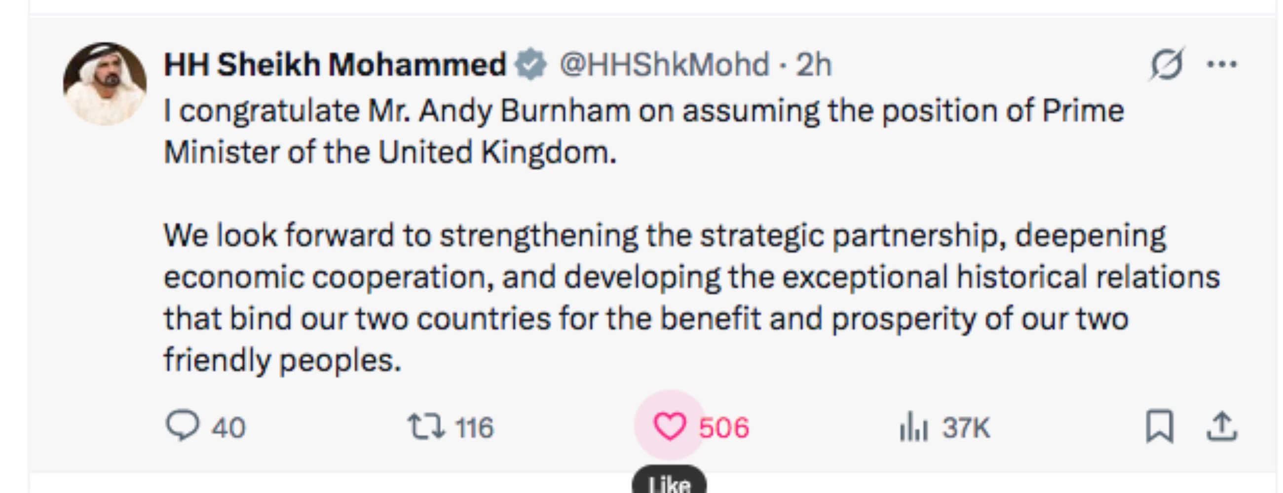 UAE President, VPs greet new British PM Burnham