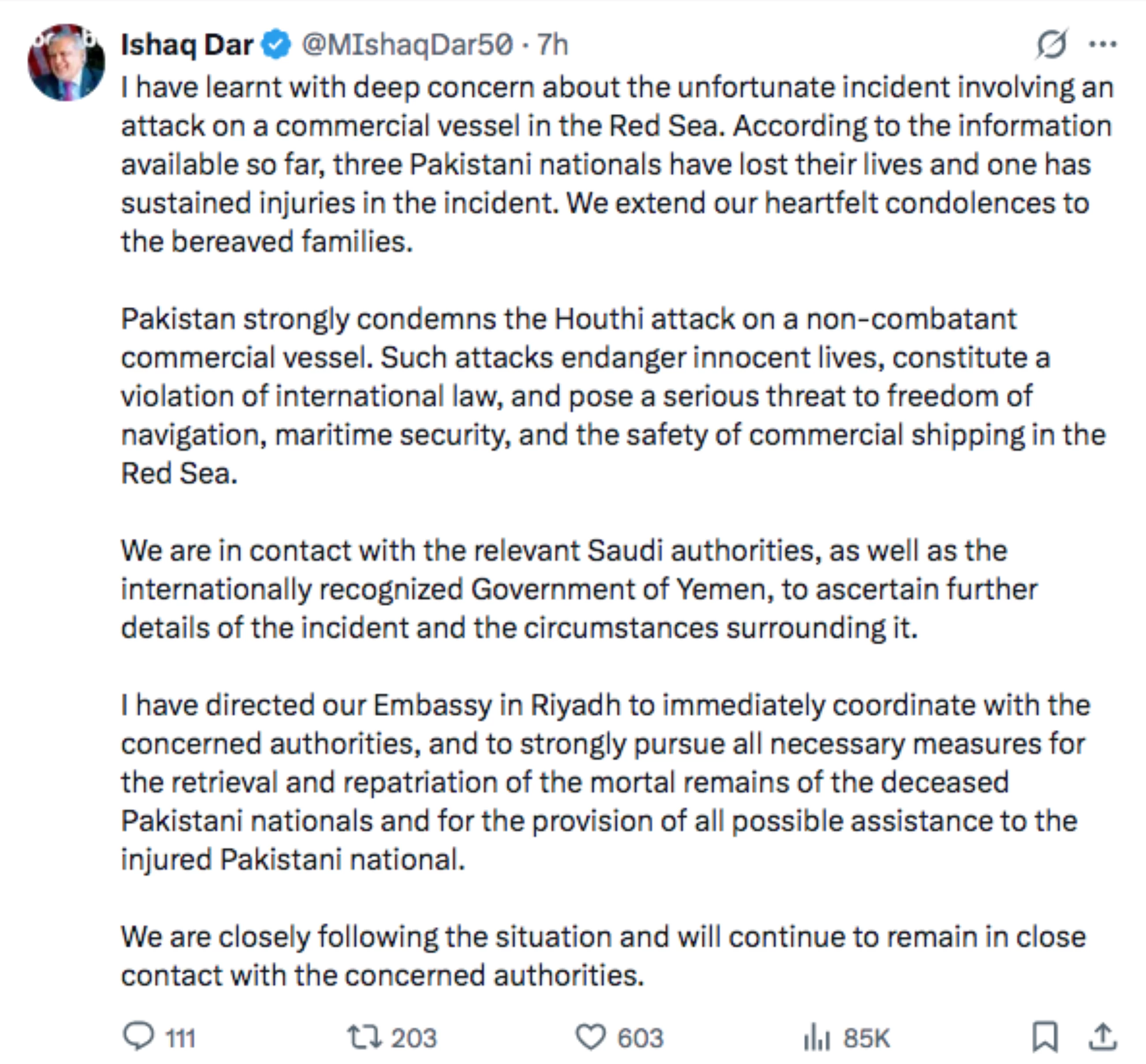 Pakistan says 3 citizens killed in Houthi attack on ship
