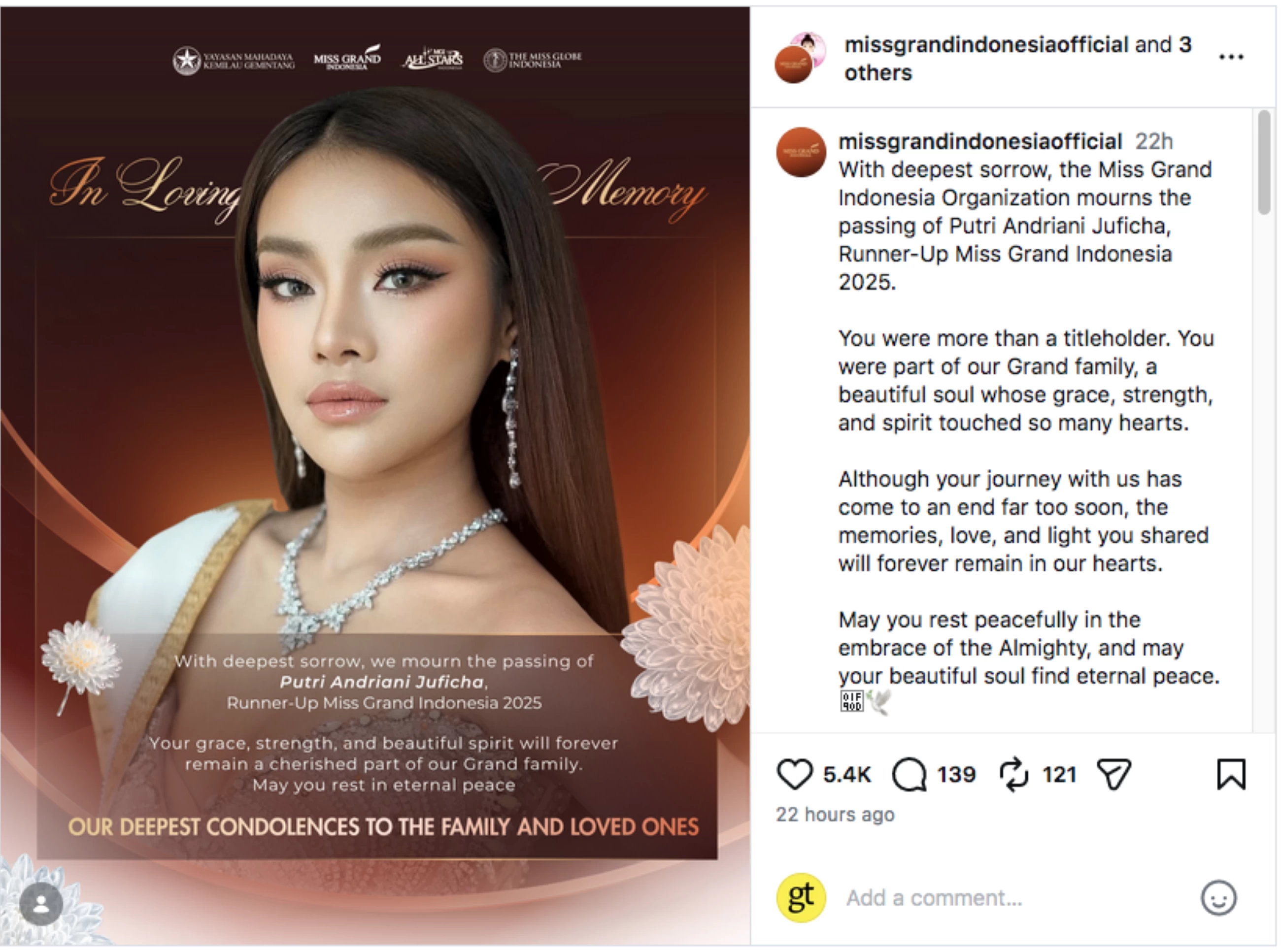 Miss Earth Indonesia Putri Juficha dies at 25