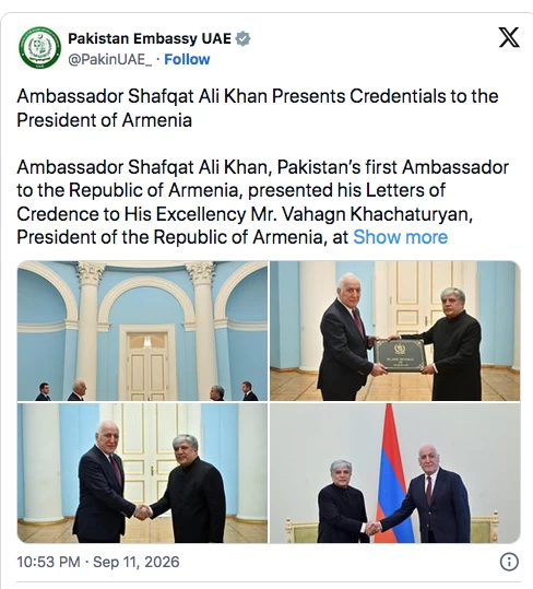 Shafqat presents diplomatic credentials as Pakistan's first ambassador to Armenia