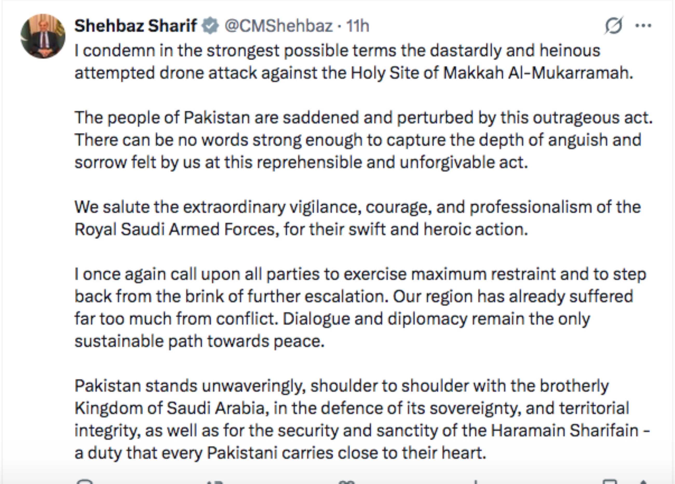 Pakistan's PM condemns drone attack on Makkah,  reaffirms support for Saudi Arabia